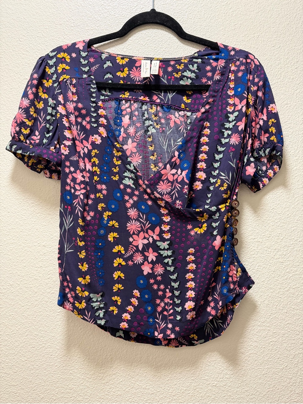 Anthropologie Meadow Rue Floral Wrap-Style Short Sleeve Top in Navy and Pink